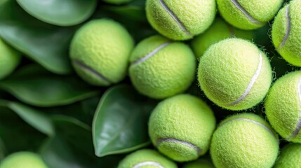 Close-up of tennis balls arranged with green leaves, creating a vibrant and natural composition. Top-down view.