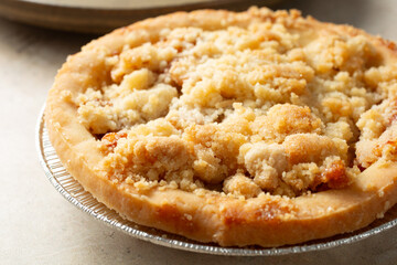 A closeup view of a gluten-free, dairy-free dutch apple pie.