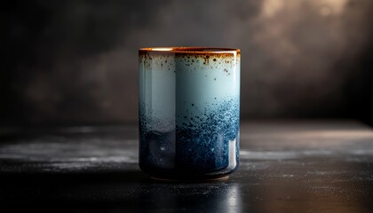 A cylindrical ceramic mug with a gradient blue speckled glaze