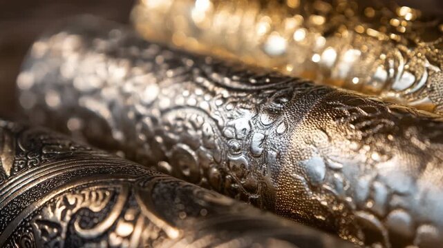 Polished metallic ornamentals reflecting light with refined stamped details perfect for adding a luxurious touch to interior decor.