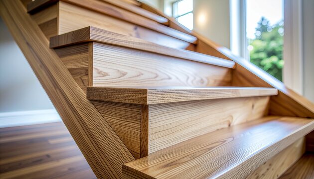 A closeup shot of modern wooden stairs with a diagonal railing