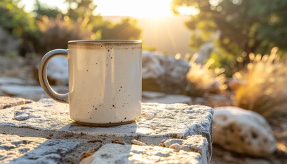 A speckled mug sits on a stone ledge with a sunlit blurred background