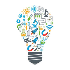 Light Bulb Filled with Science and Technology Icons Representing Innovation.