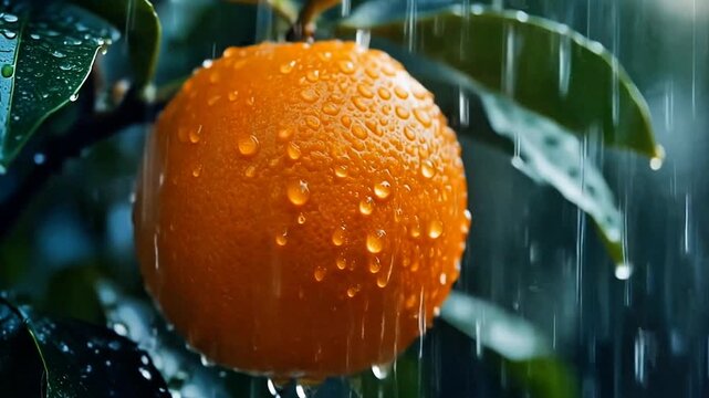Ripe orange in rain with water droplets and green leaves in fresh tropical nature scene. Seamless looping time-lapse animation video background