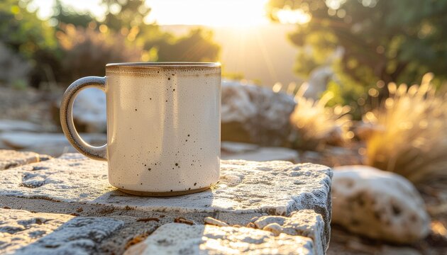 A speckled mug sits on a stone ledge with a sunlit blurred background