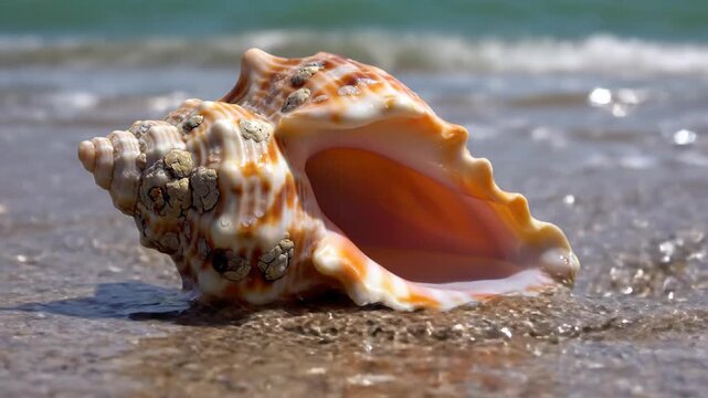 Marine seashell resting on sandy beach shoreline with gentle ocean waves