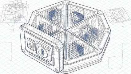 Isometric Blueprint of a Secure Storage Cube with Compartments.