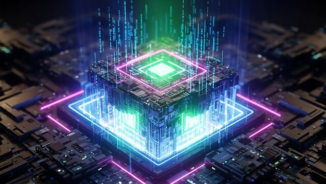 Futuristic CPU with neon lights and data streams. - Powered by Adobe