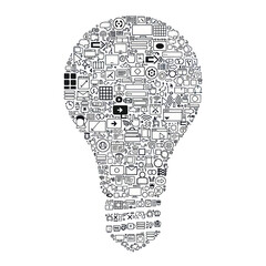 Lightbulb shape composed of various technology and business icons.