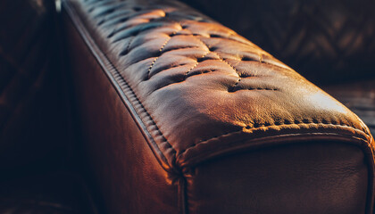 Closeup of a tufted brown leather surface with visible stitching