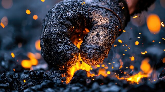 Close-up of a gloved hand holding burning coals, with sparks and flames in a dark, moody environment.
