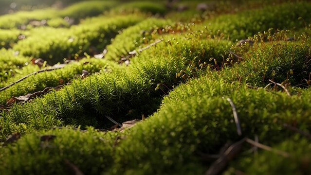 Closeup of lush green moss covering the forest floor in soft sunlight. - Powered by Adobe