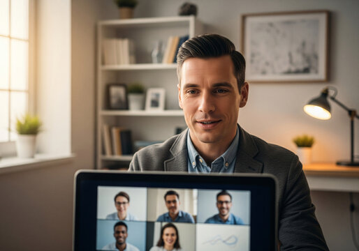 Business man having virtual team meeting on video conference call using laptop computer. Social distance work from home office with diverse people group in remote online chat. Over shoulder view.