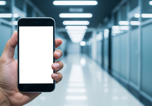 A hand is holding a mobile phone in a corridor