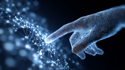 Human hand touching a glowing digital network of interconnected data points and light particles