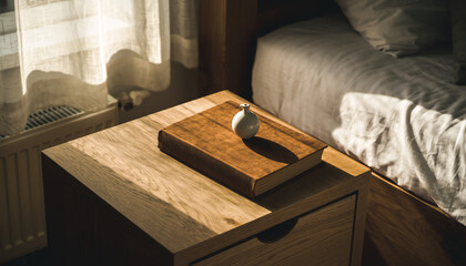 Sunlight on bedside table with book and vase