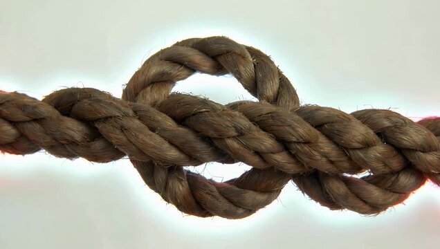 Detailed 4K Ultra HD close up shot of an old thick rope twisted and securely tied up to form an intricate knot completely isolated on a white background with a subtle neon light effect in the top