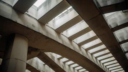 Obraz premium Abstract architectural view of concrete beams forming complex structure