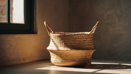 Woven basket in sunlight near a window