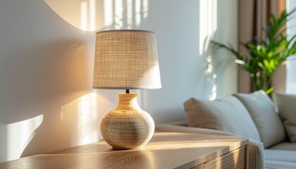 A bedside lamp on a wooden table bathed in sunlight