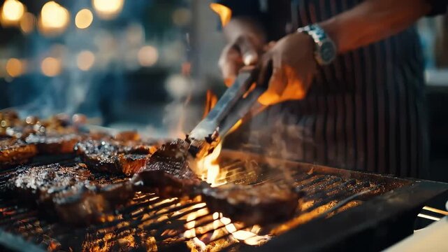 Medium shot of a culinary instructor grilling and discussing marinades emphasizing the textures and aromas while flipping meat over glowing coals.