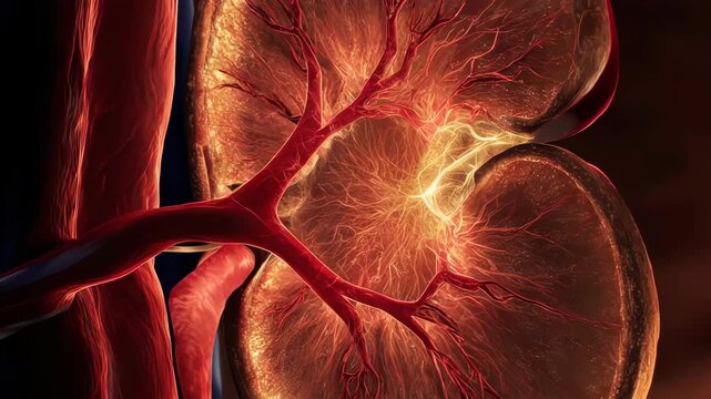 A crosssection of two glowing kidneys with red blood vessels