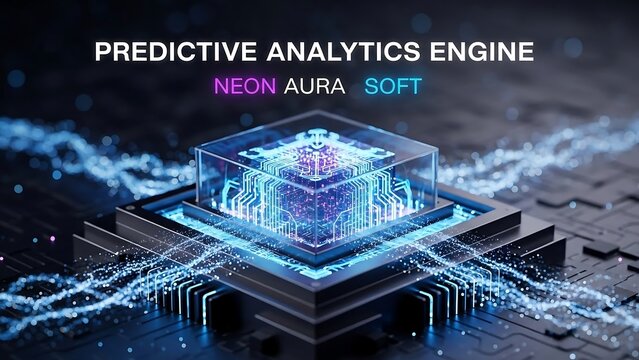 Futuristic Predictive Analytics Engine with Neon Aura Soft Glow.