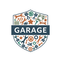 Garage service shield emblem with various car repair tools.