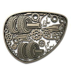 Intricate metal belt buckle featuring gears and tires, automotive design.