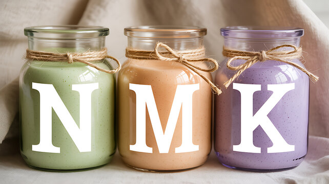 Three Glass Jars With Colorful Smoothies And Letters NMK drink beverage