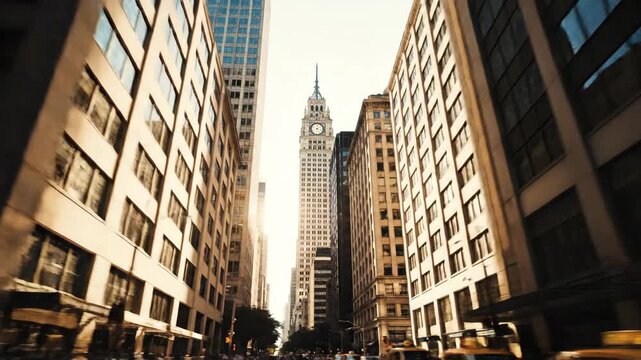 New York City street view with tall buildings and a clock tower, capturing urban architecture