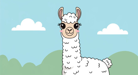 Fototapeta premium Cute Cartoon Llama with Fluffy White Fleece in a Serene Landscape.
