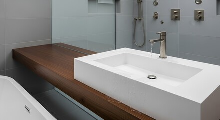 Modern bathroom featuring a white rectangular sink, wooden counter, and gray tile creating serenity.