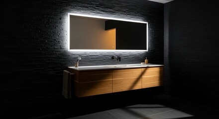 Sleek modern bathroom features a glowing LED mirror against a dark stone wall, light wooden vanity