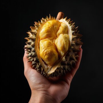 Durian Fruit in Hand: Close-up of Spiky Flesh Against Black Background