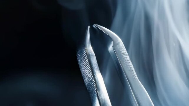 Closeup of metal forceps against a blurry blue background