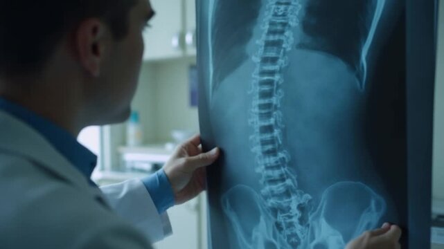 Doctor examining spinal X-ray for diagnosis, medical professional analyzing scoliosis condition