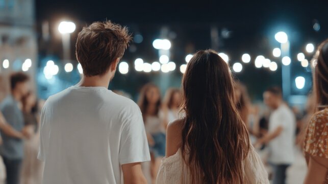 Young couple stands together at lively night event, holding hands as they look toward dancing crowd. Festive and romantic atmosphere