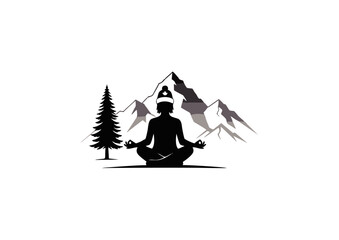 Silhouette of a person in a yoga lotus pose meditating in a serene mountain landscape with a pine tree, symbolizing wellness and mindfulness