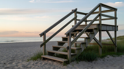 Wooden Beach Stairs Overlooking the Ocean at Sunrise or Sunset graphic design