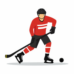 Dynamic illustration of ice hockey player in red uniform, helmet, skates, moving puck with stick on ice, capturing fast-paced winter sports spirit