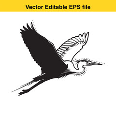 Obraz premium Black and white vector illustration of a great blue heron bird in flight with wings spread wide, isolated on white background