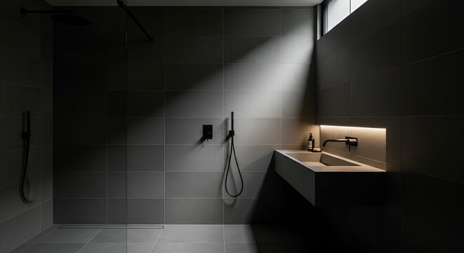 Sleek minimalist bathroom with gray tiles, shower, and illuminated sink showcasing modern design