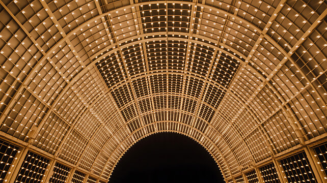 Wide Arched Ceiling with Grid of Warm Yellow Lights and Dark Opening pattern