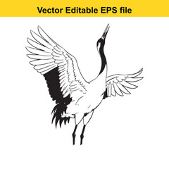 Obraz premium Black and white vector illustration of a majestic japanese redcrowned crane with wings spread wide, isolated on white background