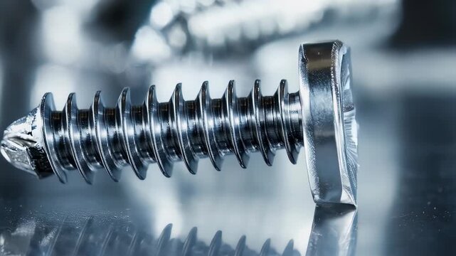 Macro shot of a silver metal screw with sharp threads and a hex head