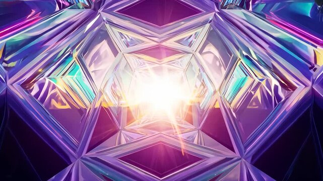 A radiant light shines through a kaleidoscope of colorful facets, creating a mesmerizing display of reflections and refracted hues. The intricate patterns form a vibrant maze, capt
