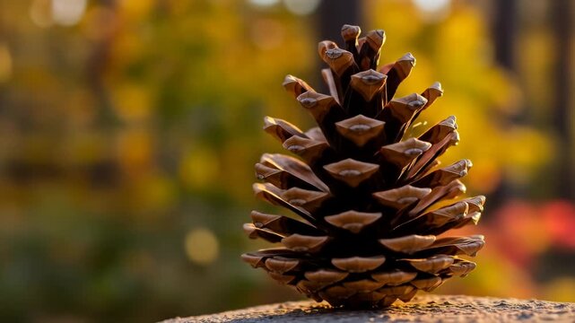 Pinecone resting on a tree stump in an autumn forest.