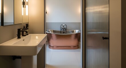 Elegant bathroom showcases a copper bathtub, textured glass door, and minimalist sink design.