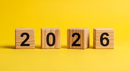 Wooden Blocks Forming 2026 Against Bright Yellow Background